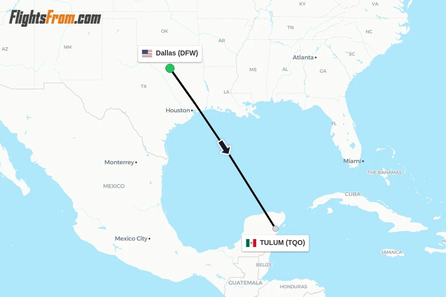 Flights from Dallas to TULUM route map
