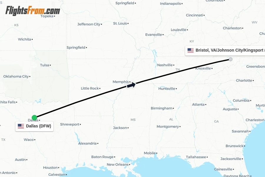 Flights from Dallas to Bristol, VA/Johnson City/Kingsport route map