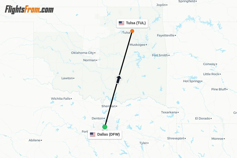 Flights from Dallas to Tulsa route map