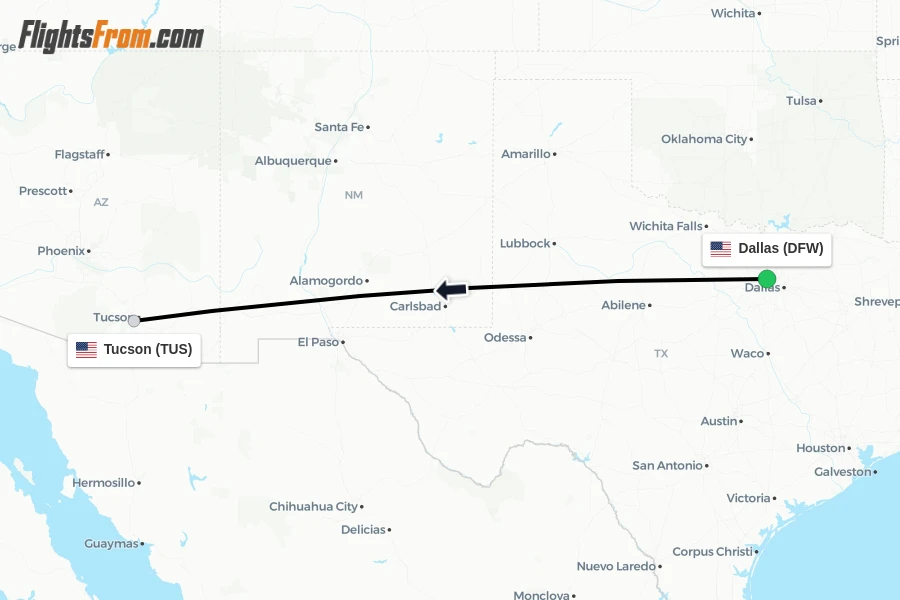 Flights from Dallas to Tucson route map