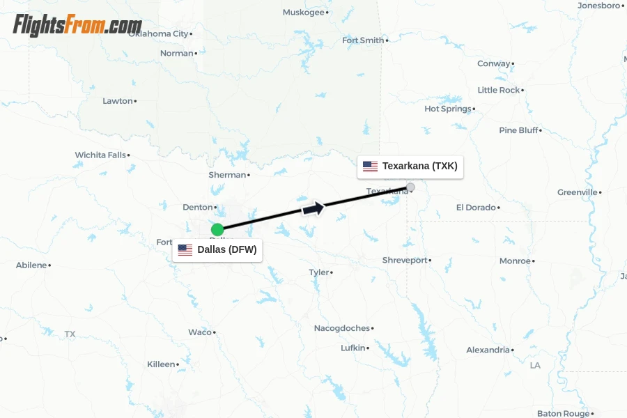 Flights from Dallas to Texarkana route map
