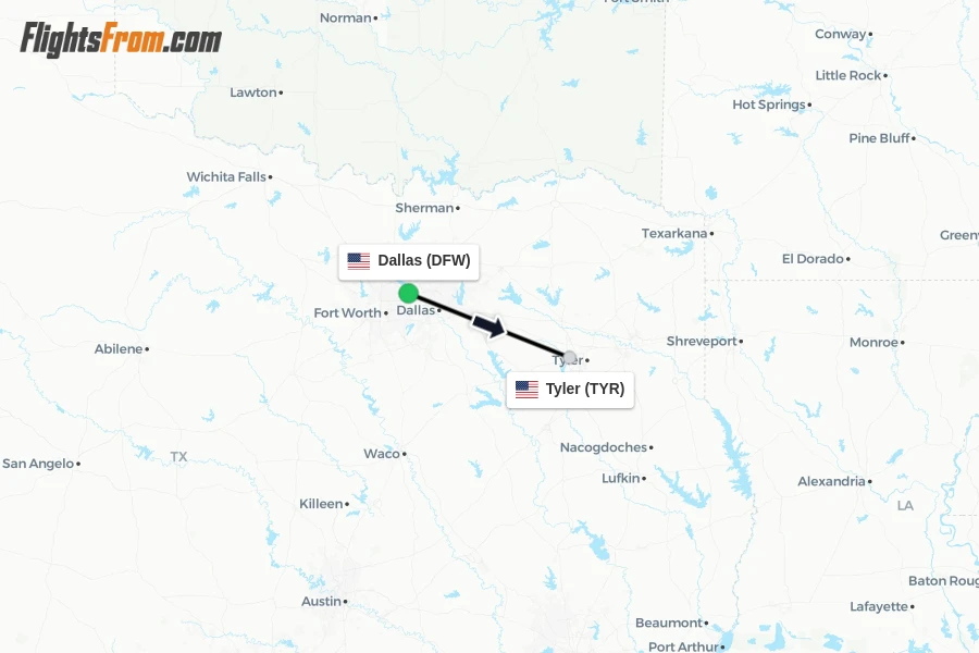 Flights from Dallas to Tyler route map