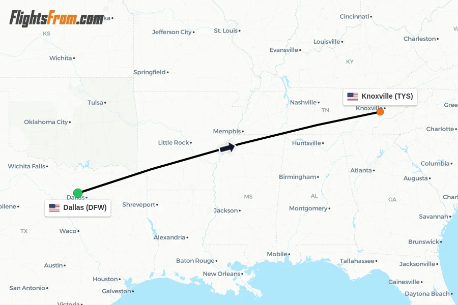 Flights from Dallas to Knoxville route map