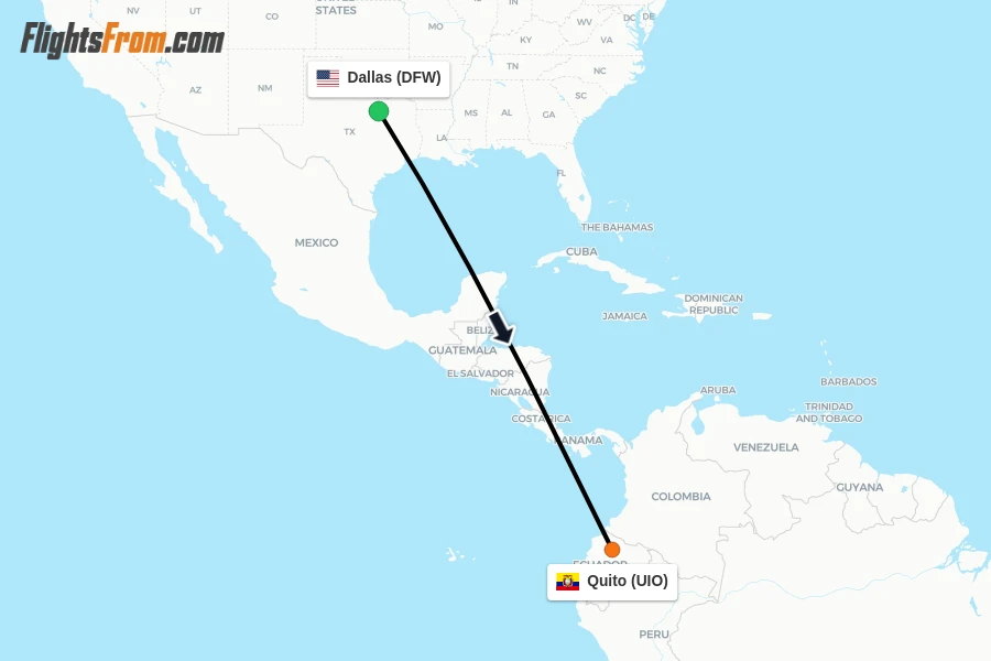 Flights from Dallas to Quito route map