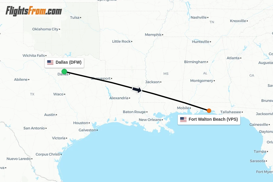 Flights from Dallas to Fort Walton Beach route map