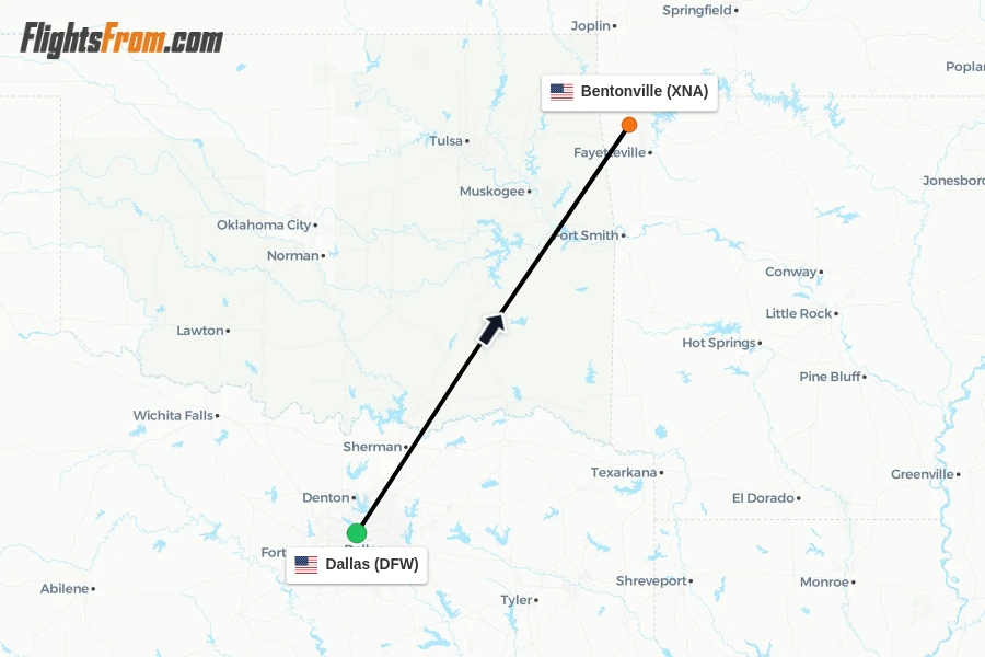 Flights from Dallas to Bentonville route map