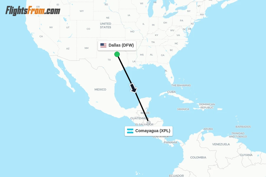 Flights from Dallas to Comayagua route map