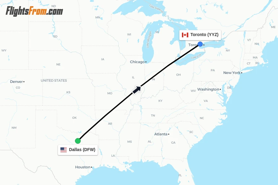 Flights from Dallas to Toronto route map