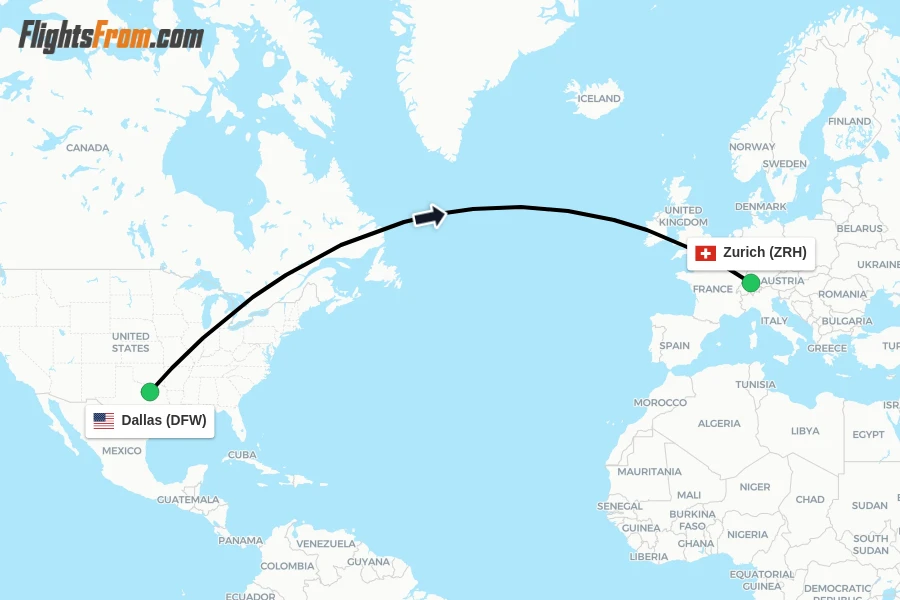 Flights from Dallas to Zurich route map
