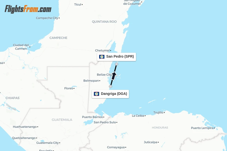 Flights from Dangriga to San Pedro route map