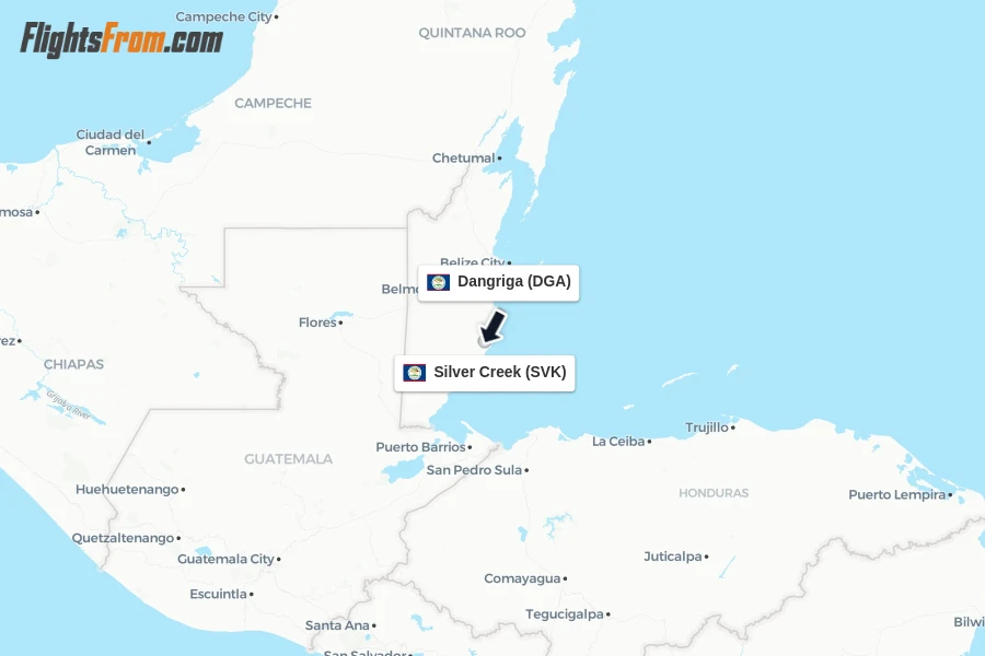 Flights from Dangriga to Silver Creek route map