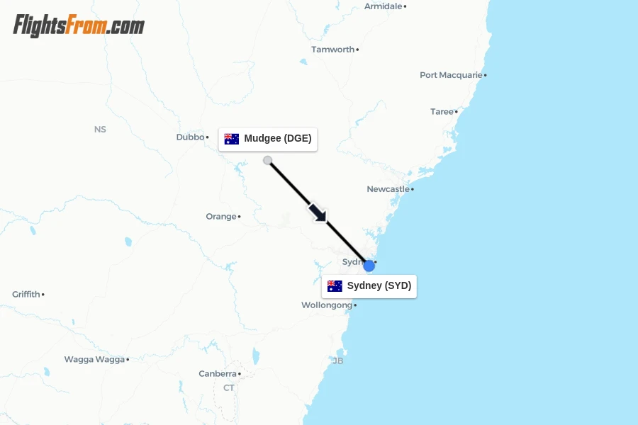 Flights from Mudgee to Sydney route map