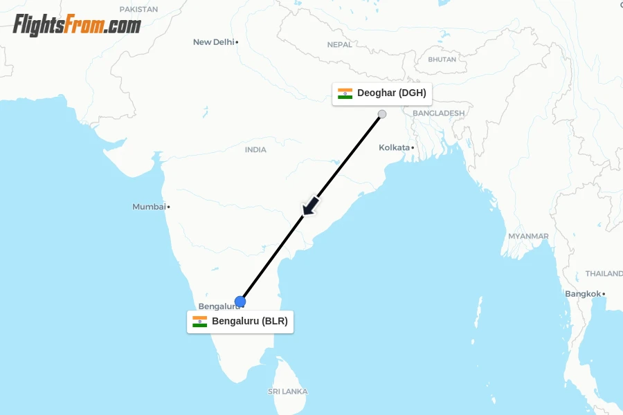 Flights from Deoghar to Bengaluru route map