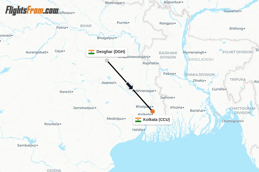 Flights from Deoghar to Kolkata route map