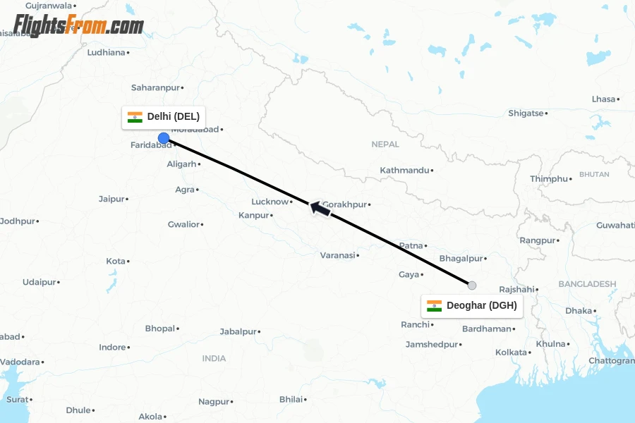 Flights from Deoghar to Delhi route map
