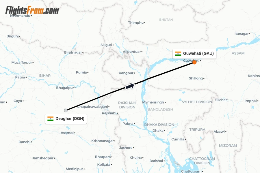 Flights from Deoghar to Guwahati route map