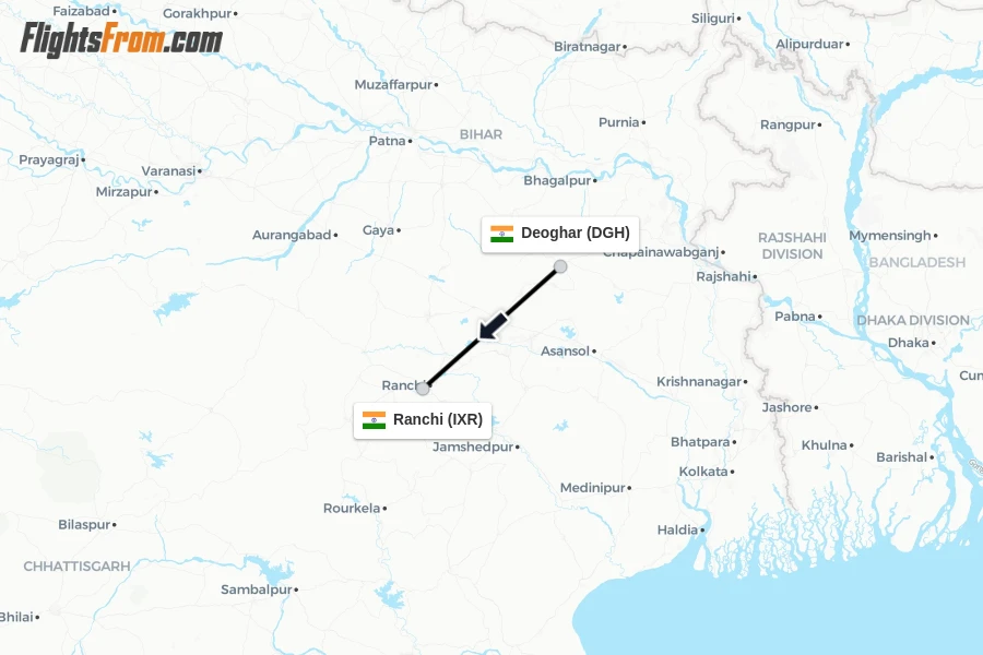 Flights from Deoghar to Ranchi route map