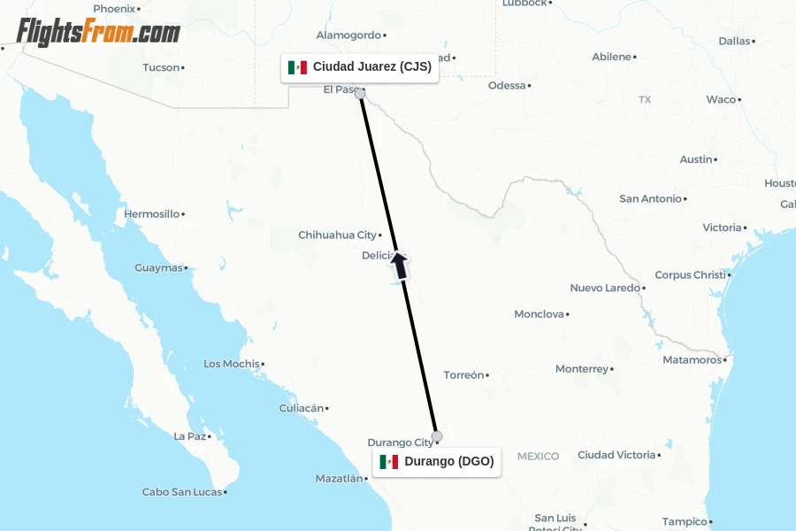 Flights from Durango to Ciudad Juarez route map