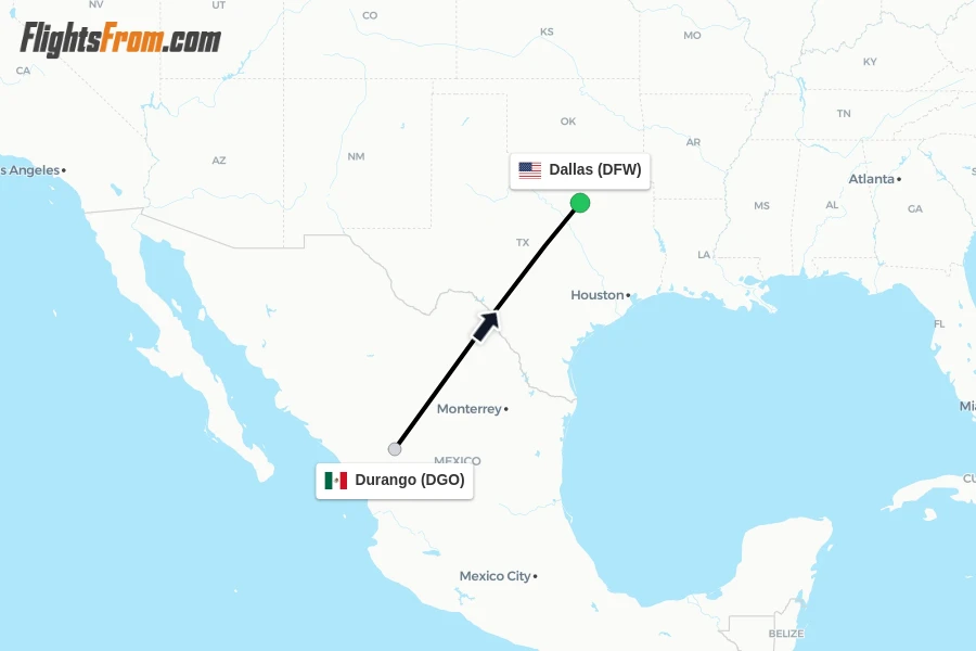 Flights from Durango to Dallas route map