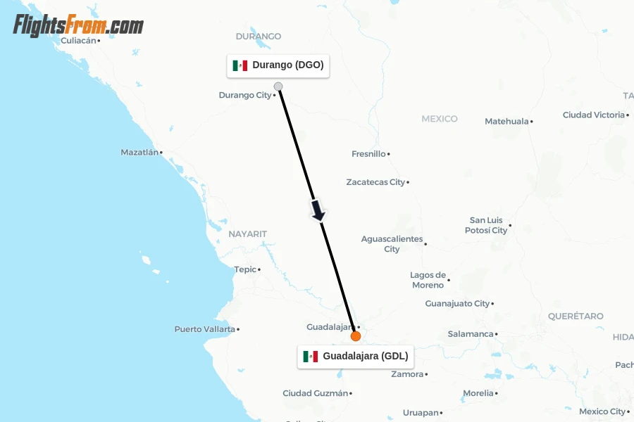 Flights from Durango to Guadalajara route map
