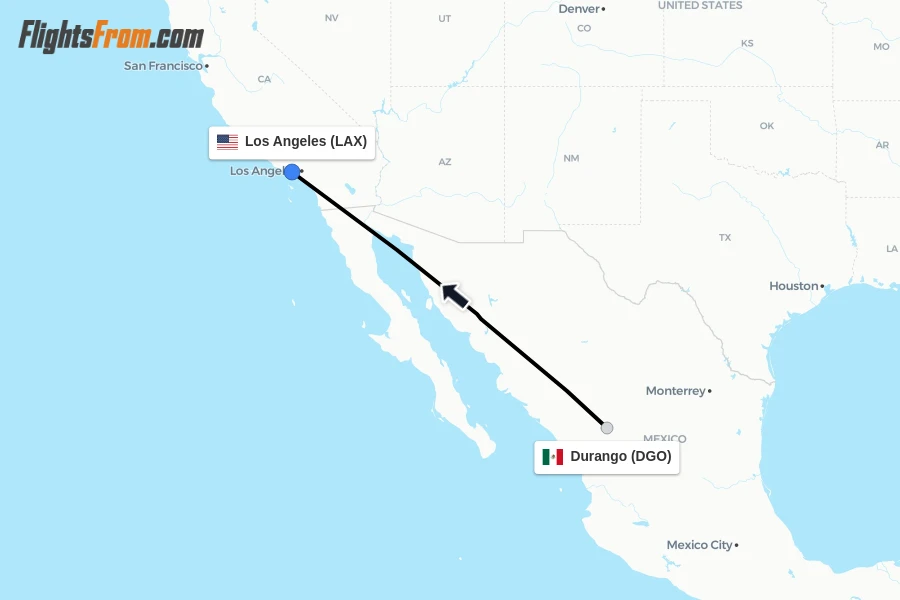 Flights from Durango to Los Angeles route map