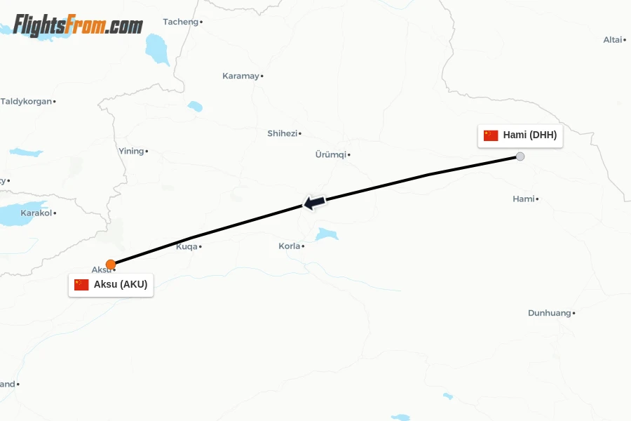Flights from Hami to Aksu route map