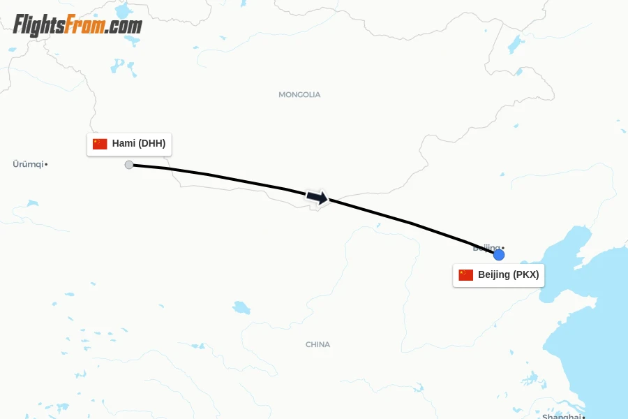 Flights from Hami to Beijing route map