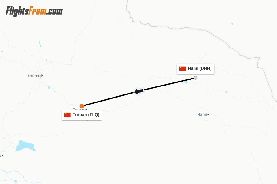 Flights from Hami to Turpan route map