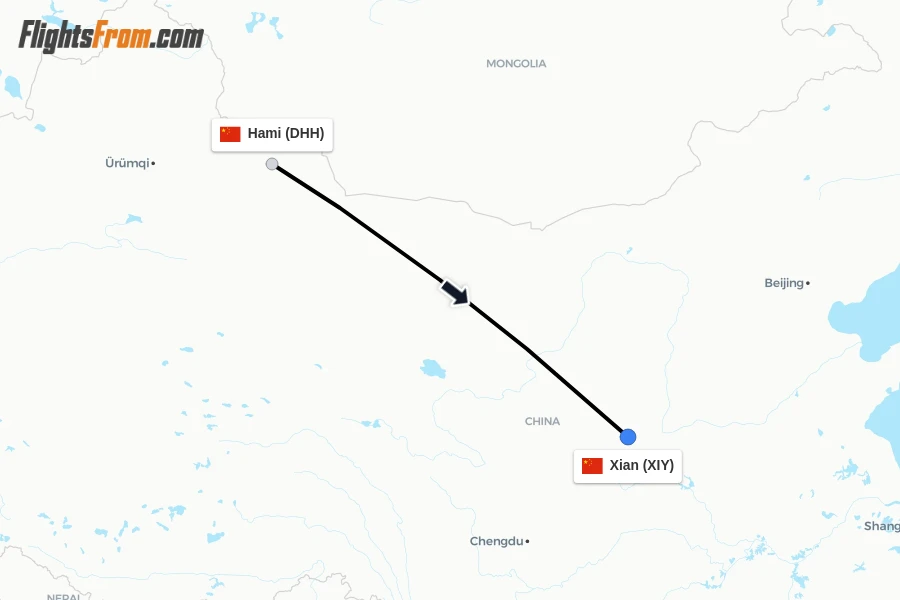 Flights from Hami to Xian route map