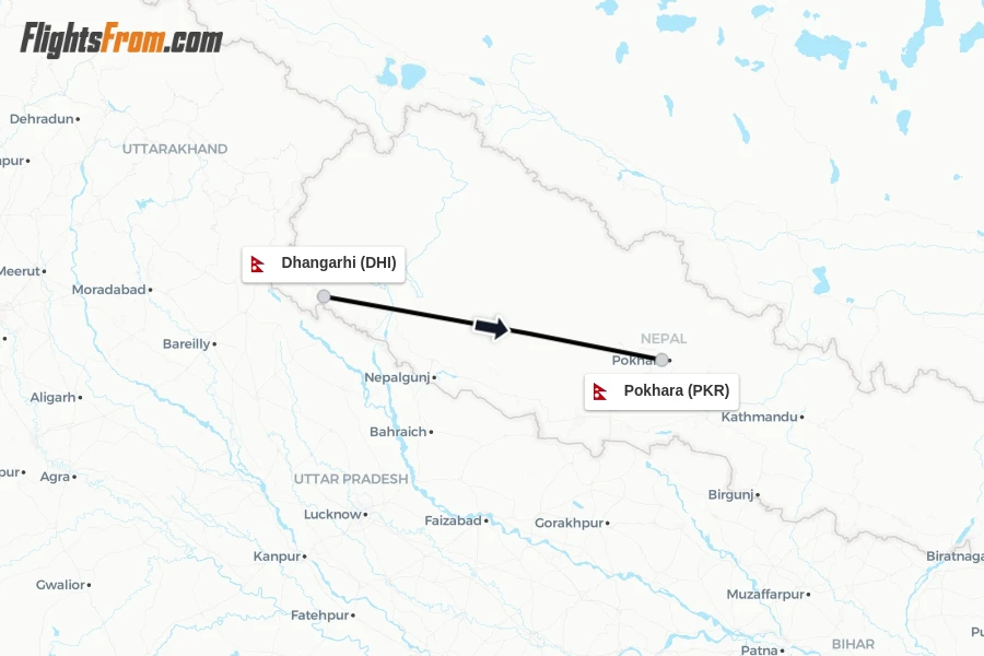 Flights from Dhangarhi to Pokhara route map