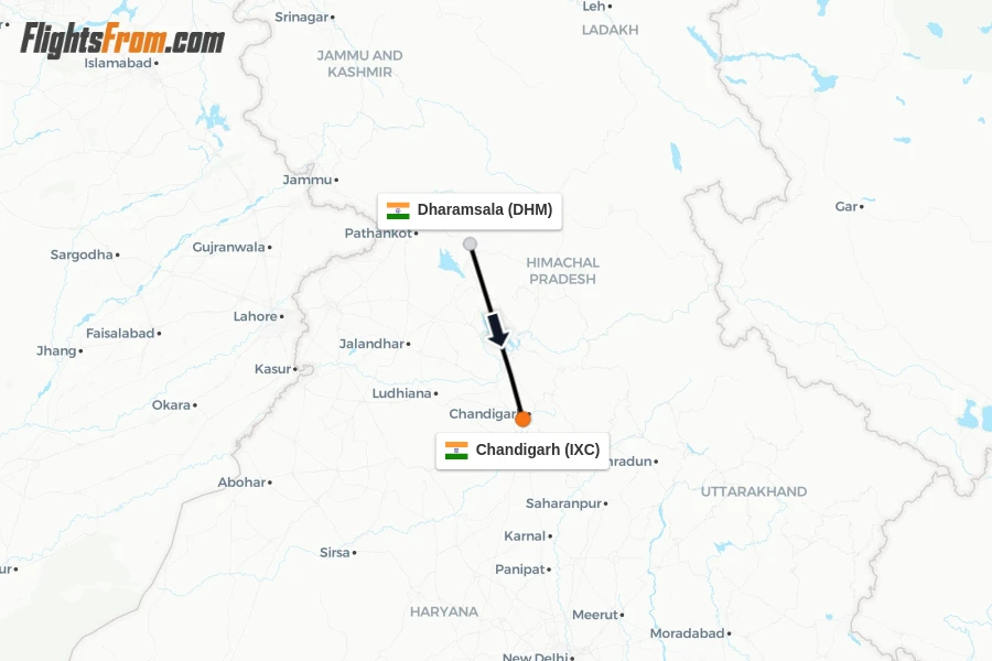 Flights from Dharamsala to Chandigarh route map