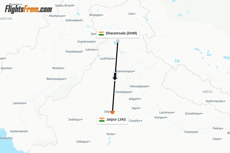 Flights from Dharamsala to Jaipur route map
