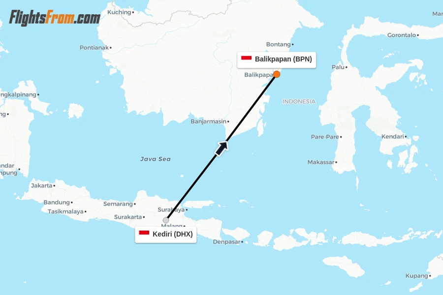 Flights from Kediri to Balikpapan route map