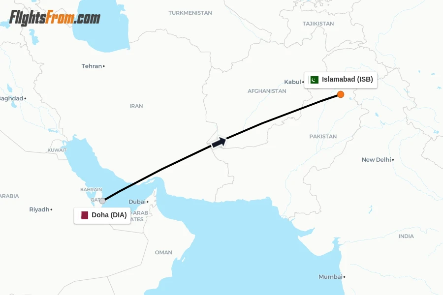 Flights from Doha to Islamabad route map