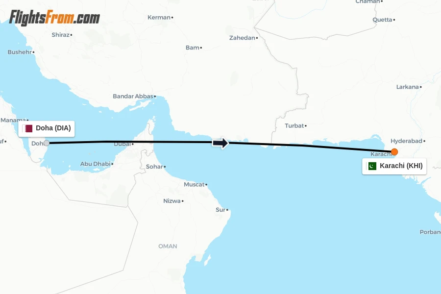 Flights from Doha to Karachi route map
