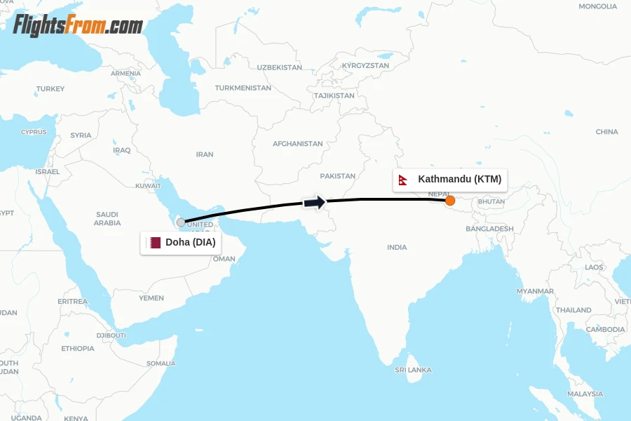 Flights from Doha to Kathmandu route map