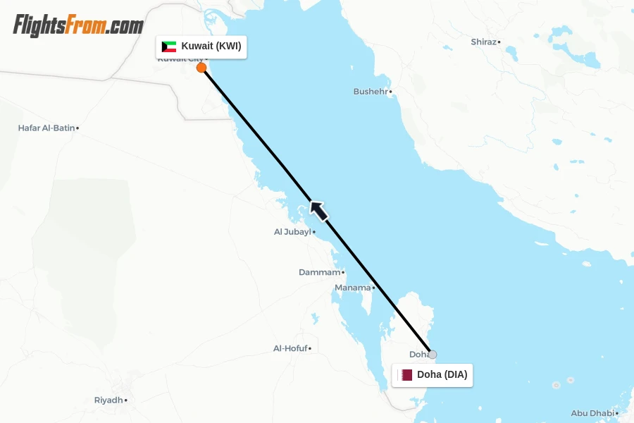 Flights from Doha to Kuwait route map