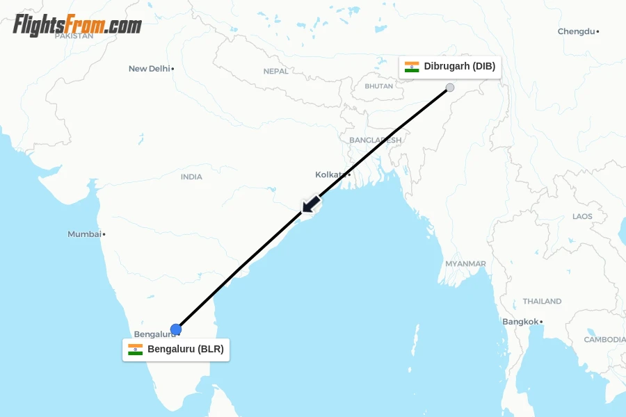 Flights from Dibrugarh to Bengaluru route map