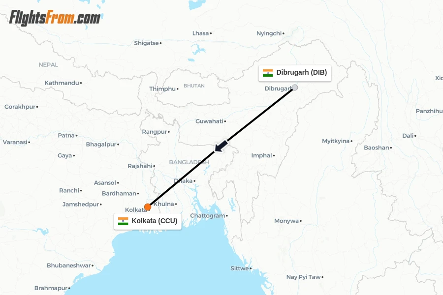 Flights from Dibrugarh to Kolkata route map