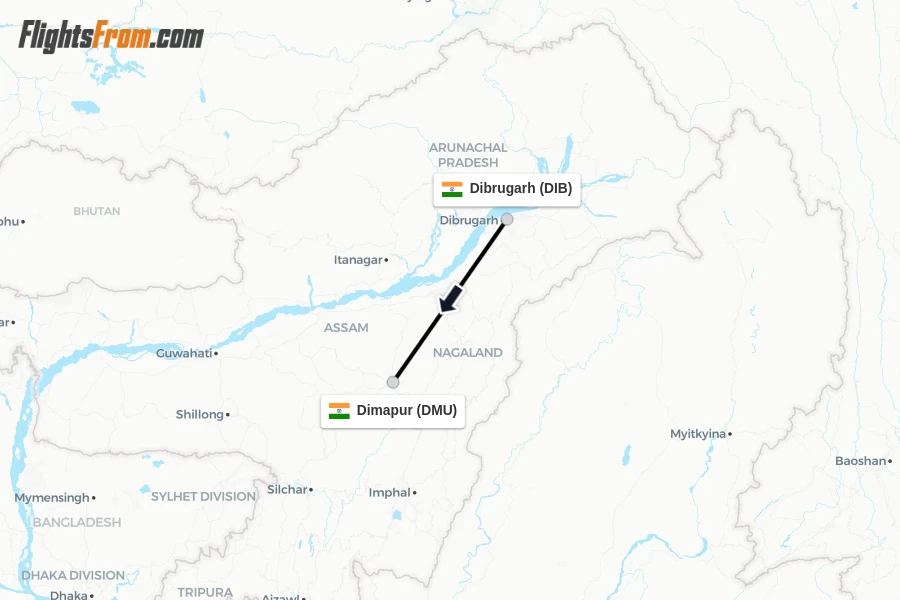 Flights from Dibrugarh to Dimapur route map