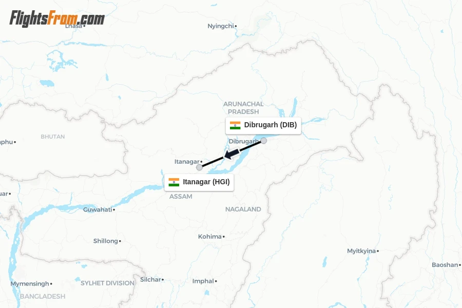 Flights from Dibrugarh to Itanagar route map