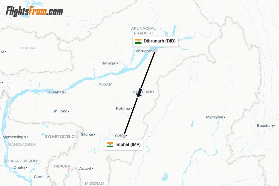 Flights from Dibrugarh to Imphal route map