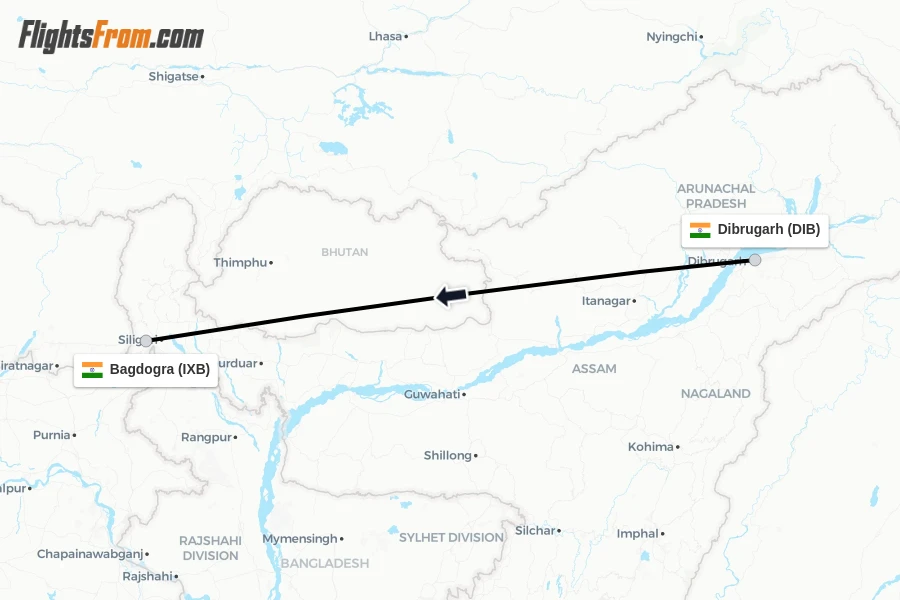 Flights from Dibrugarh to Bagdogra route map