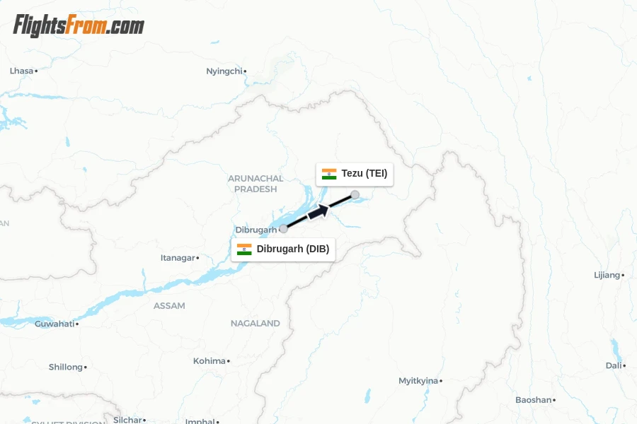 Flights from Dibrugarh to Tezu route map