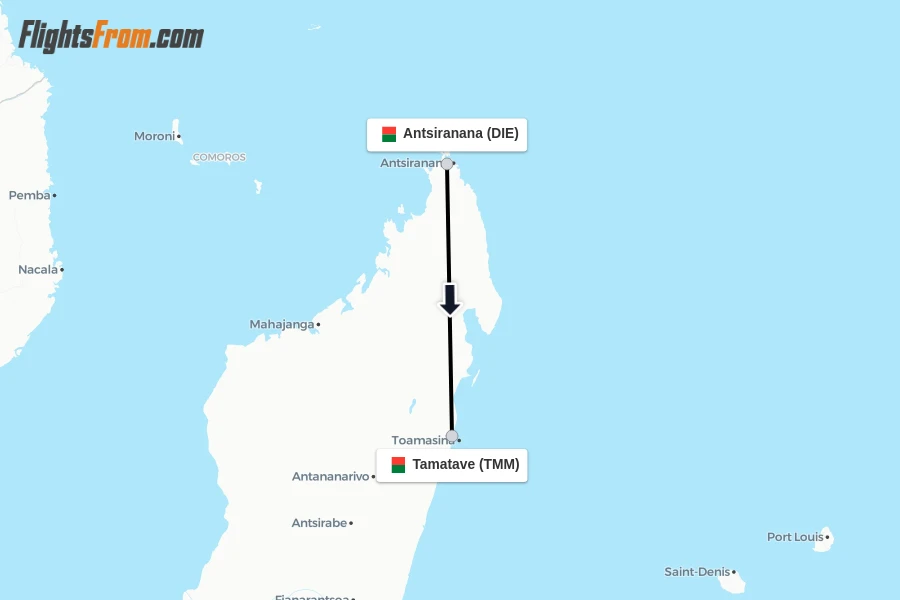 Flights from Antsiranana to Tamatave route map