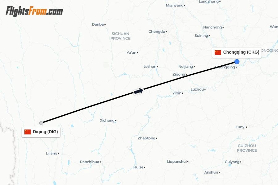 Flights from Diqing to Chongqing route map