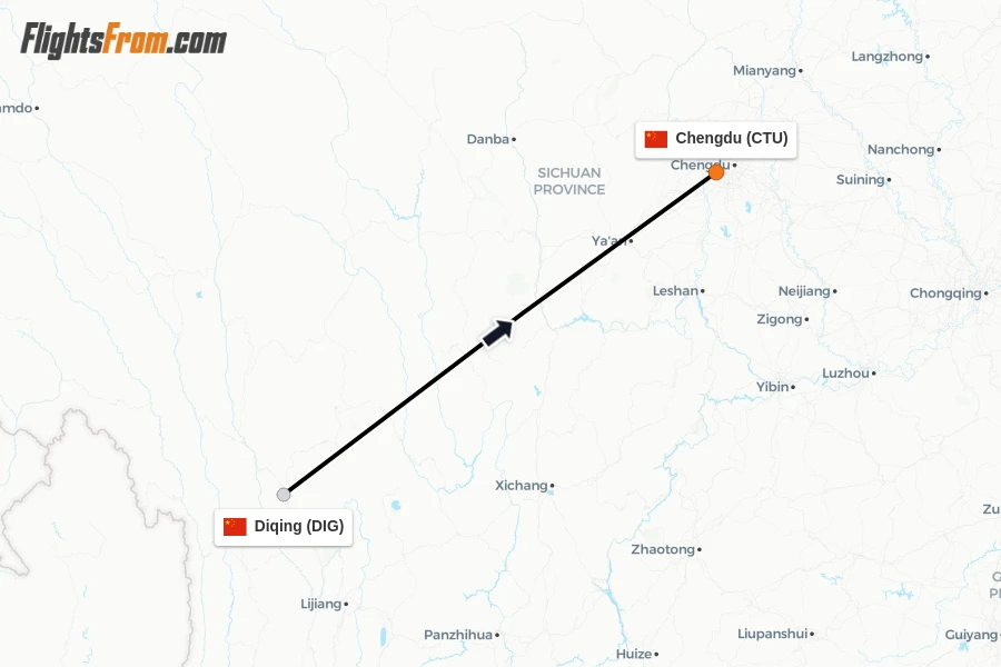 Flights from Diqing to Chengdu route map