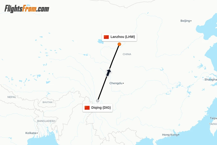 Flights from Diqing to Lanzhou route map