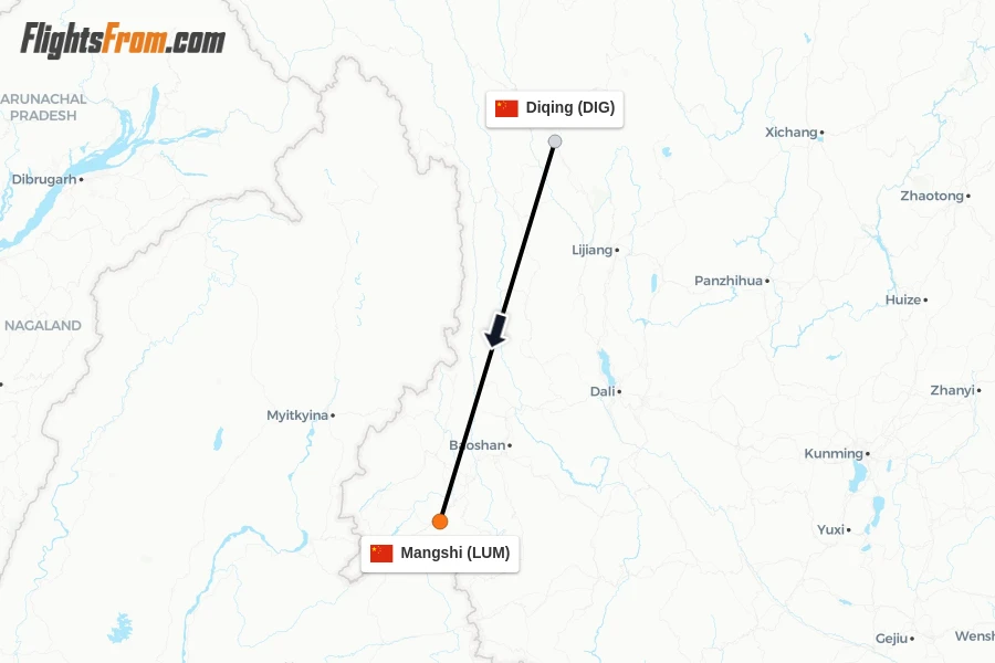 Flights from Diqing to Mangshi route map
