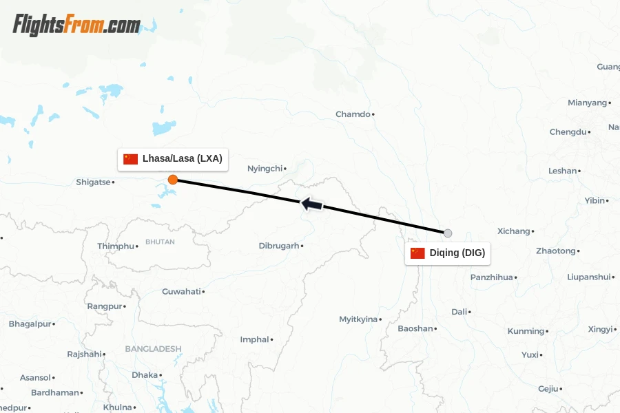 Flights from Diqing to Lhasa/Lasa route map